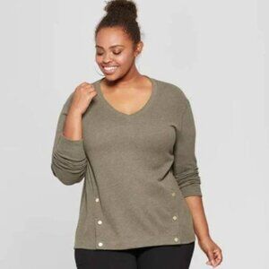 AVA & VIV Army Green Pullover Sweater Top Size 4X Long Sleeve V Neck